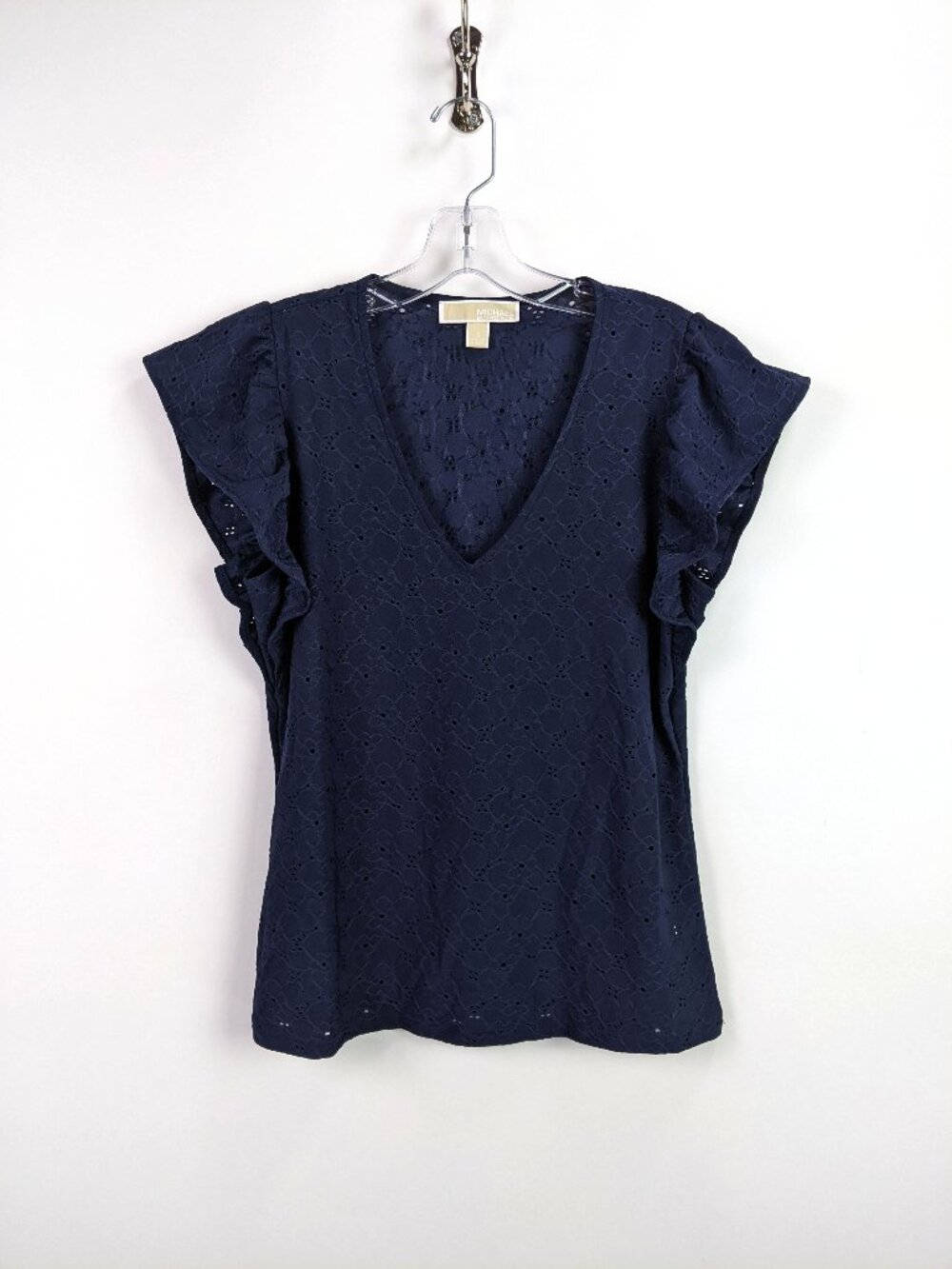 Michael Kors Womens Blue Eyelet Ruffle Flutter Sleeve V-Neck Top Size S